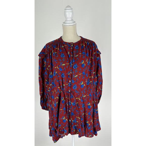Free People Flower Fields Mini Dress Burgundy Womens Size XS Long Sleeve Boho - Picture 3 of 15